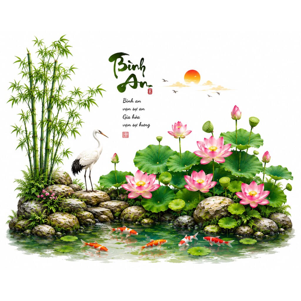 Decal dán tường  hồ sen tre trúc hạc trắng kt 6090cm sẵn keo decor phòng khách