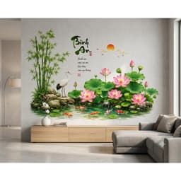 Decal dán tường  hồ sen tre trúc hạc trắng kt 6090cm sẵn keo decor phòng khách 2