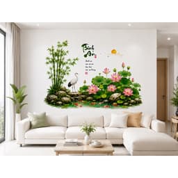 Decal dán tường  hồ sen tre trúc hạc trắng kt 6090cm sẵn keo decor phòng khách 3