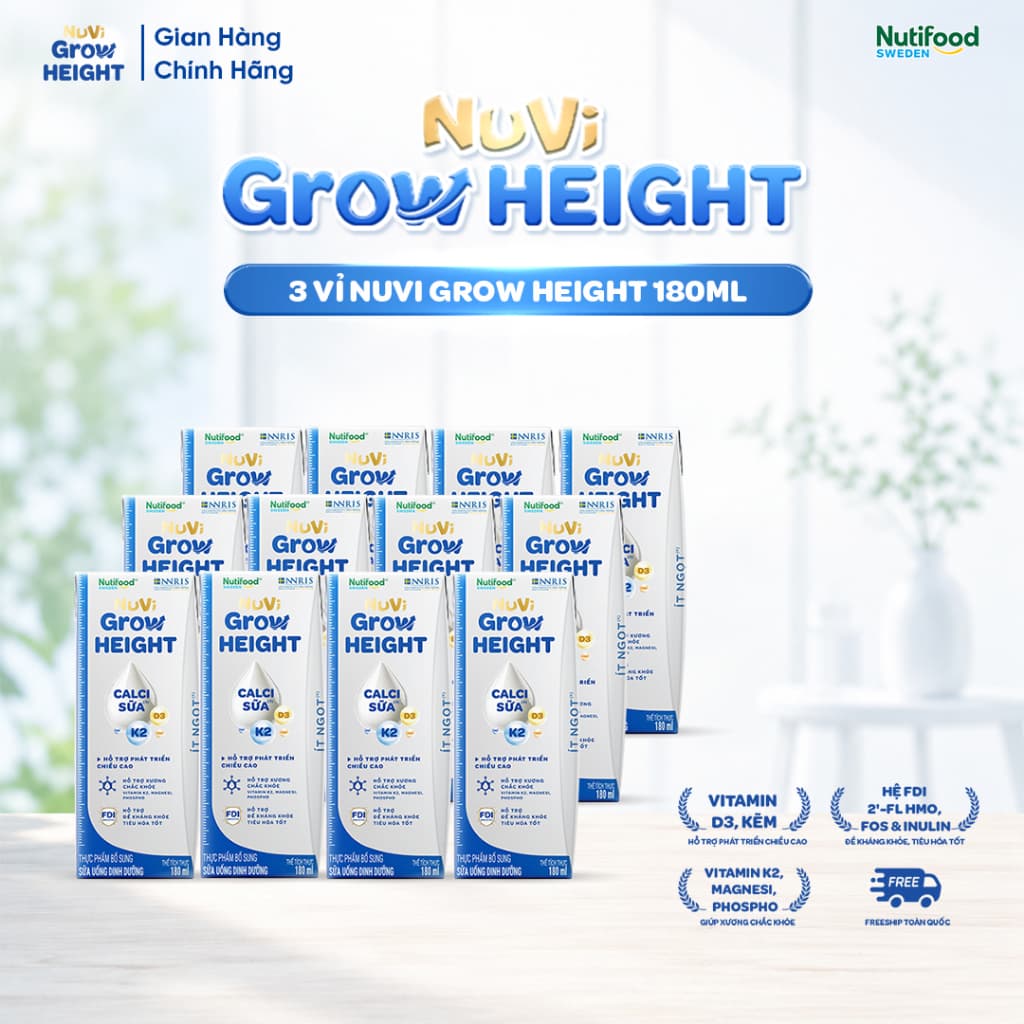 Sữa Nước Nuvi Grow Height (12 Hộp 180m Ít Ngọt ) - Hỗ Trợ Phát Triển Chiều Cao
