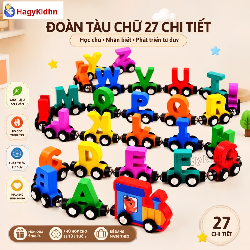 Đồ Chơi Đoàn Tàu 27 Toa Chữ Cái Bằng Gỗ Hút Nam Châm Hgaykidhn Đồ Chơi Thông Minh Giáo Dục Sớm Cho Bé
