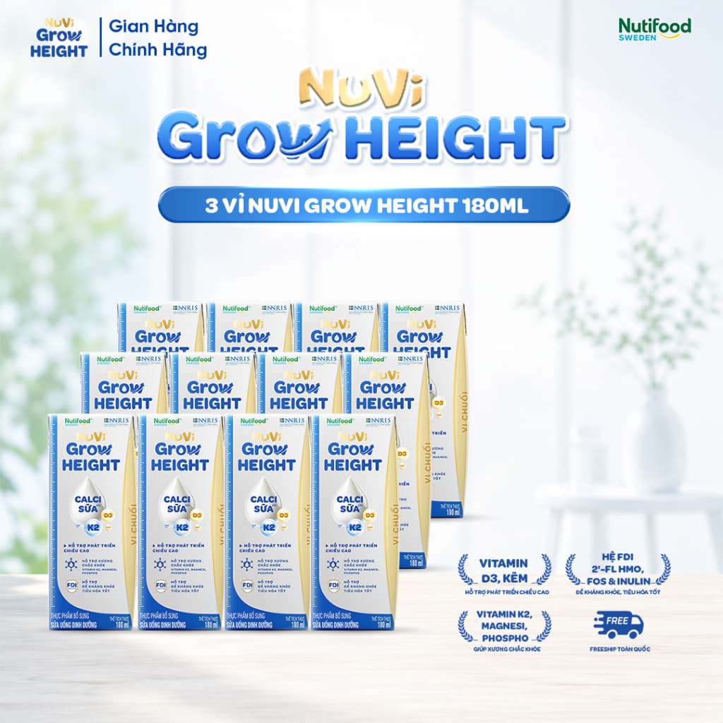 Sữa Nước Nuvi Grow Height (12 Hộp 180m Vị Chuối ) Hỗ Trợ Phát Triển Chiều Cao, Dinh Dưỡng Toàn Diện