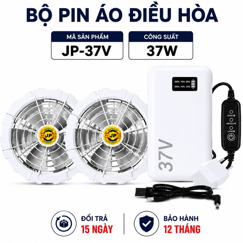 Bộ Quạt Áo Điều Hòa Kèm Pin 37V JP, 2 Quạt Gió Mạnh 3 Tốc Độ, Pin LED 15-17 Giờ, Sạc Nhanh