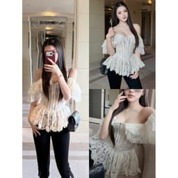 (Dmina)  Áo Corset ren tầng trễ vai khoá kéo chất ren hoa ôm body tôn dáng sang trọng 1