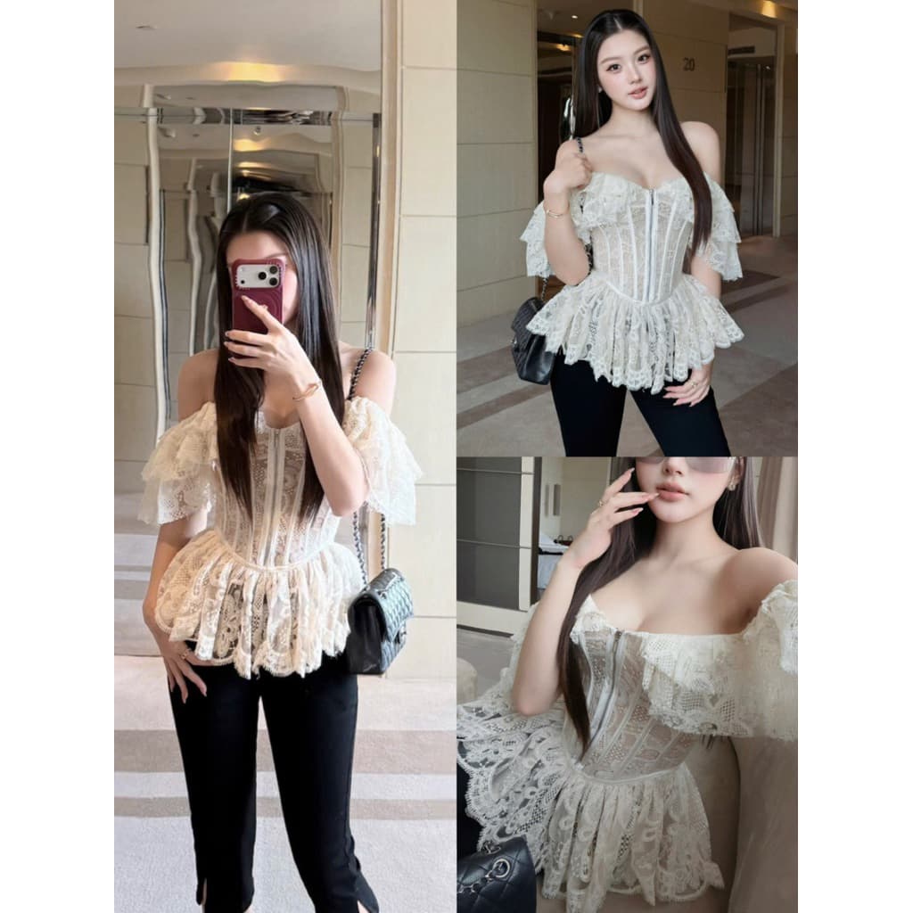 (Dmina)  Áo Corset ren tầng trễ vai khoá kéo chất ren hoa ôm body tôn dáng sang trọng