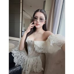 (Dmina)  Áo Corset ren tầng trễ vai khoá kéo chất ren hoa ôm body tôn dáng sang trọng 4