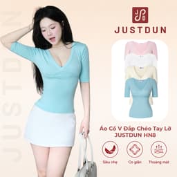 Áo Thun Ôm Body Cổ V Đắp Chéo Tay Lỡ JUSTDUN Chất Thun Cotton Mềm Mịn HN8 1