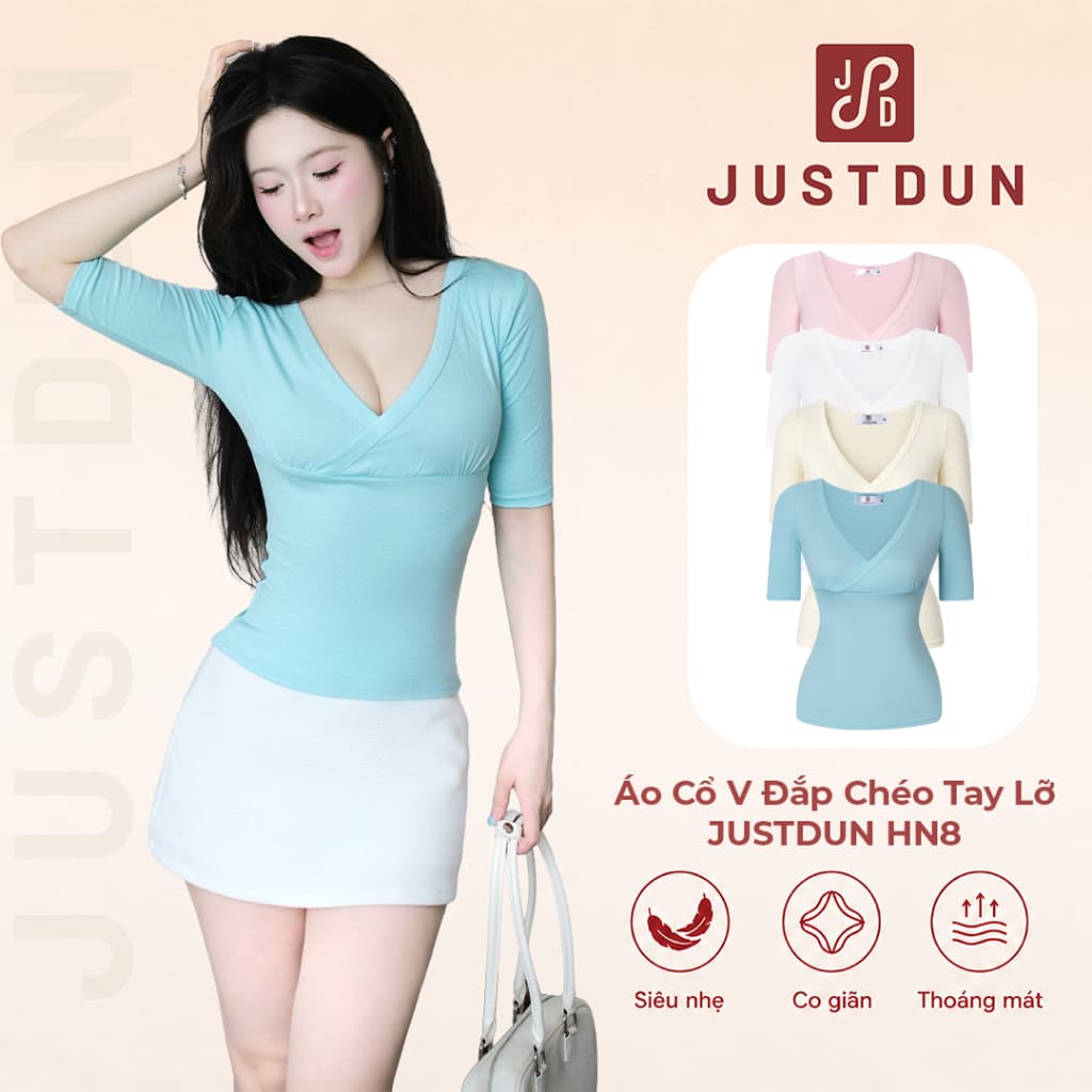 Áo Thun Ôm Body Cổ V Đắp Chéo Tay Lỡ JUSTDUN Chất Thun Cotton Mềm Mịn HN8