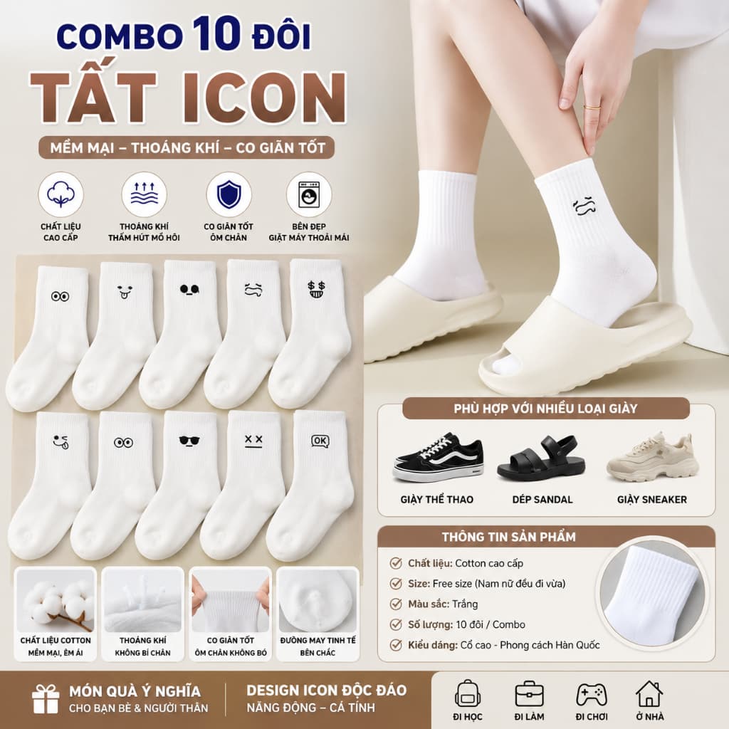Combo 5- 10 Đôi Tất Trắng In Hình Icon Cảm Xúc Chất Liệu Cotton Mềm Mại Thấm Hút Tốt Phong Cách Trẻ Trung.