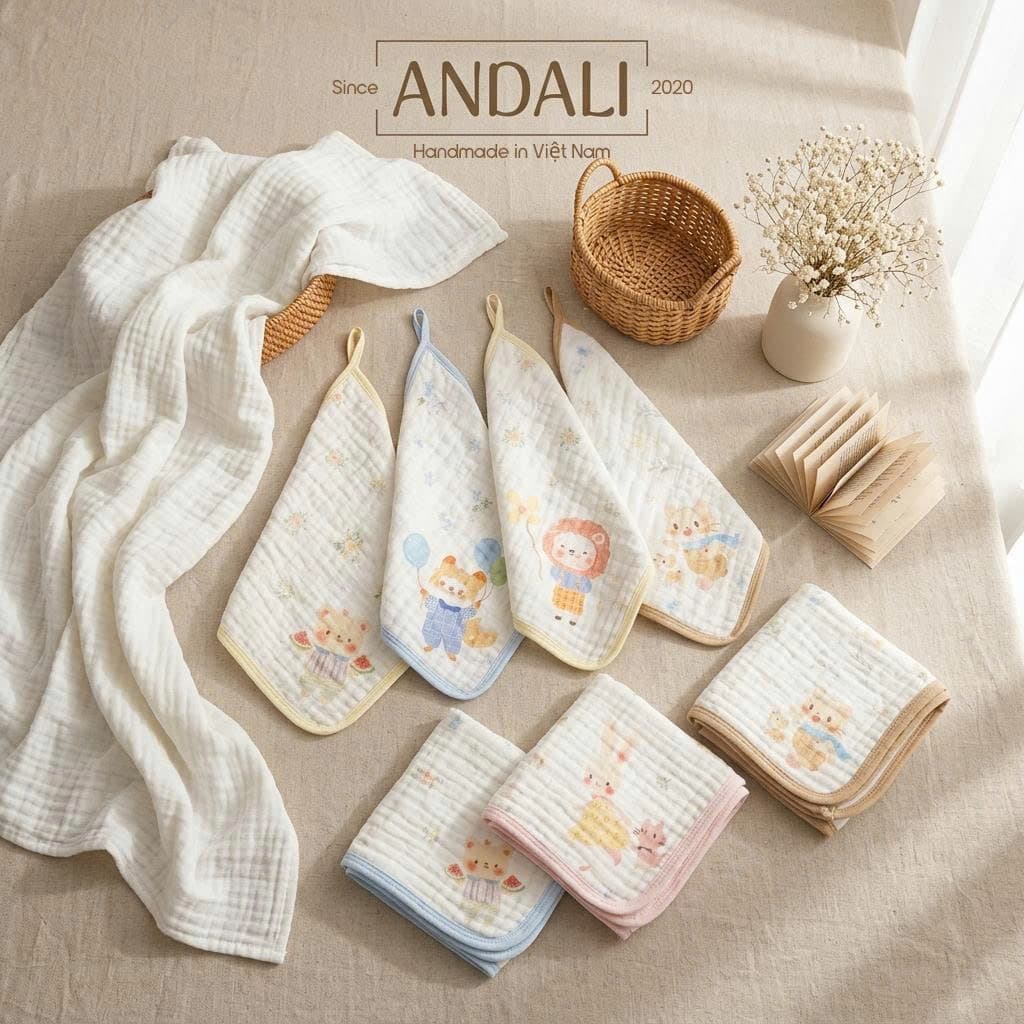 Khăn Sữa Muslin nhăn 6 Lớp 25x25 Có Dây Treo - Khăn Xô Nhăn Cotton Mềm Mại Khăn Mặt Khăn Lau Cho Bé