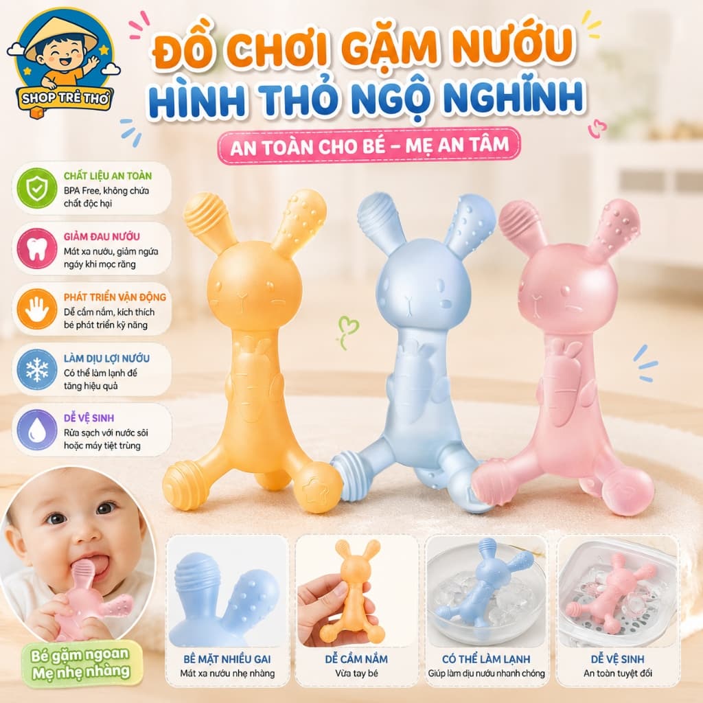 Đồ gặm nướu silicon cao cấp cho bé hình thỏ dễ thương giúp giảm ngứa lợi mọc răng an toàn