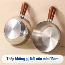 Nồi Mini Inox Cán Gỗ 14cm - Chống Bỏng,Tay Cầm Chắc Chắn,Nấu Mì,Đun Sữa,Dùng Được Bếp Gas & Bếp Từ 3