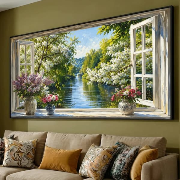 Tranh Cửa Sổ Phong Cảnh Bắc Âu Chất Liệu Tráng Gương Cao Cấp Có Khung- Tranh Treo Decor Phòng Khách, Homesstay