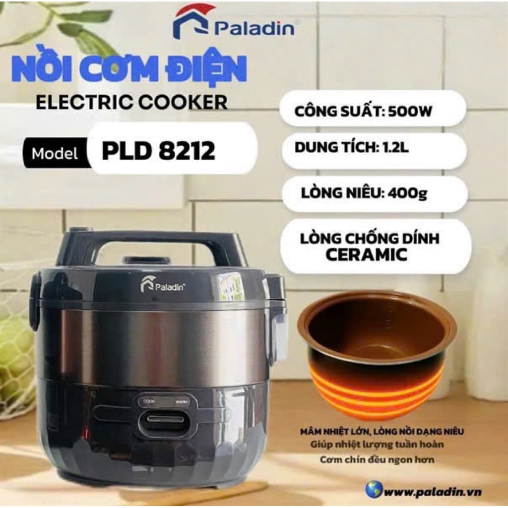 Nồi Cơm Điện Lòng Niêu Chống Dính Ceramic Paladin PLD 8212 (1.2L-500W)-Cơm Chín Đều, Thơm Ngon Chuẩn Vị-hàng chính hãng