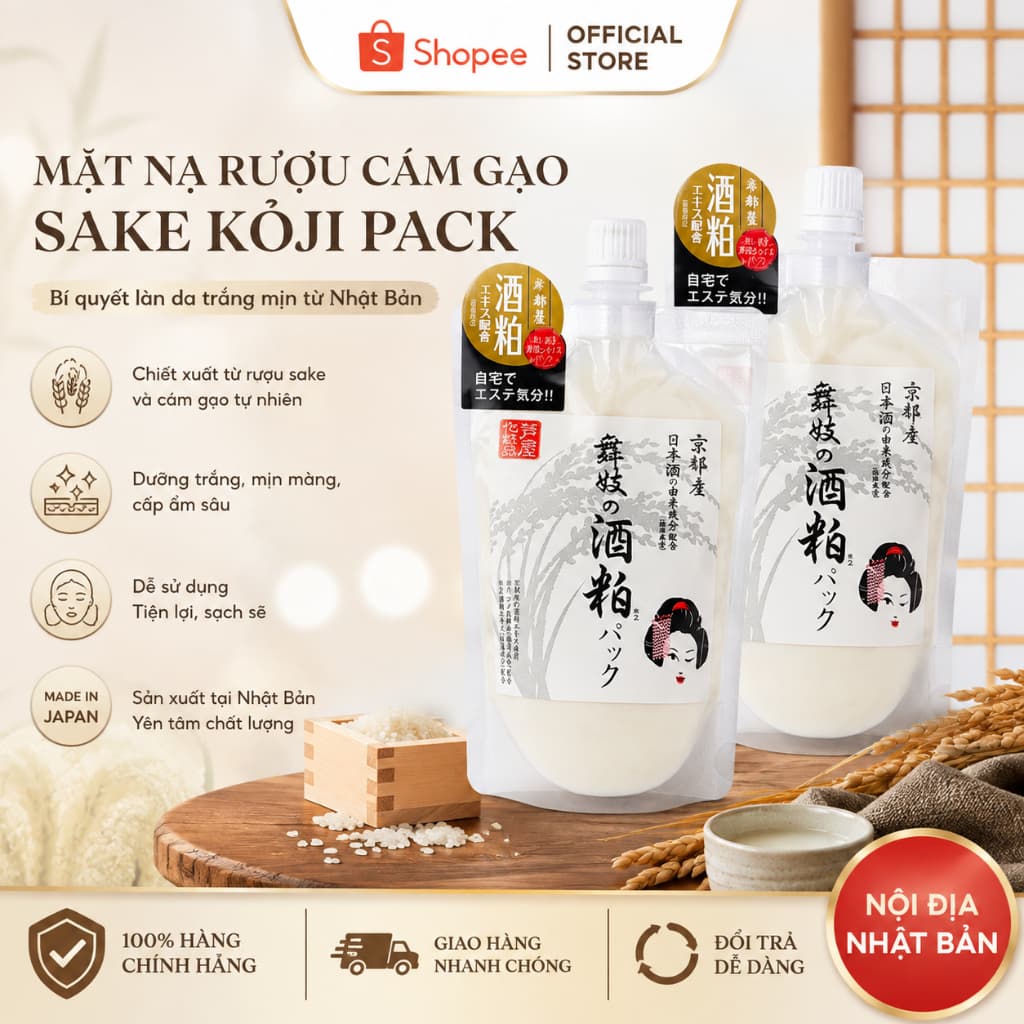 (Chính Hãng Nhật) Mặt nạ 𝐒𝐚𝐤𝐞 𝐊𝐚𝐬𝐮 𝐌𝐚𝐢𝐤𝐨 bã Sake ủ trắng của Nhật 170g