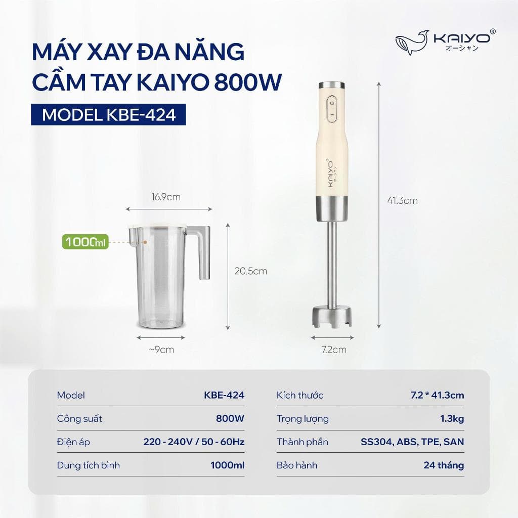 Máy xay đa năng cầm tay Kaiyo MODEL KBE-424 800W - 1L , xay sinh tố, xay cháo, xay soup BH 2 năm