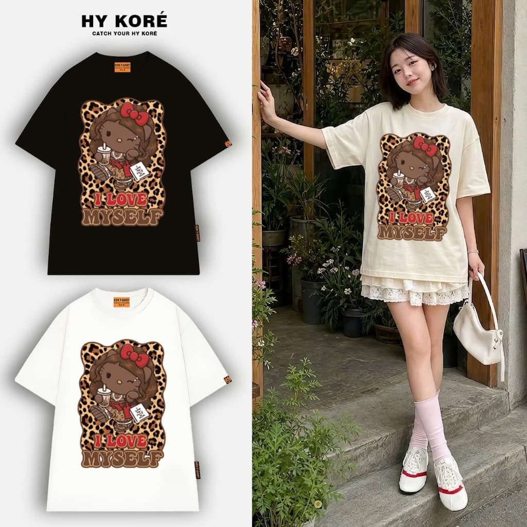 Áo Thun HY KORÉ Mèo Kitte Nâu Myself 2229 Form Rộng Localbrand Oversize Unisex Vải Cotton 75% Nam Nữ Mặc Đẹp