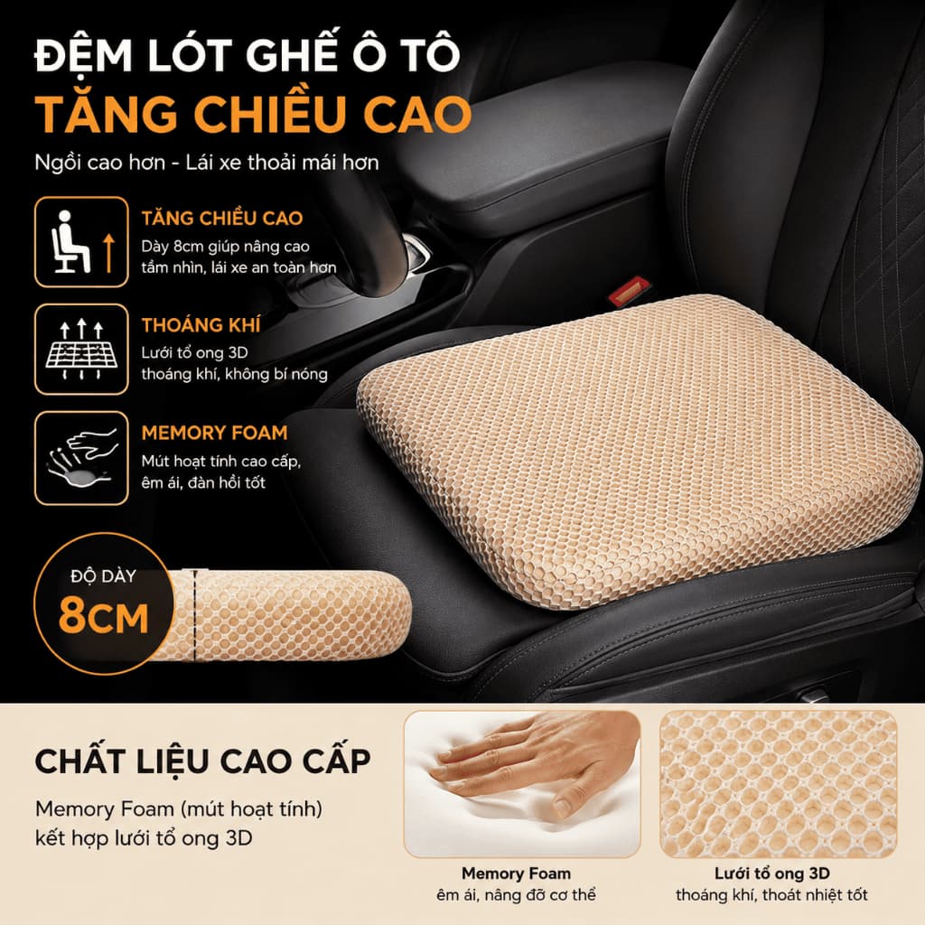 Đệm Ghế Ô Tô Tổ Ong 3D Thoáng Khí, Đệm Lót Ghế Chống Trượt Êm Ái