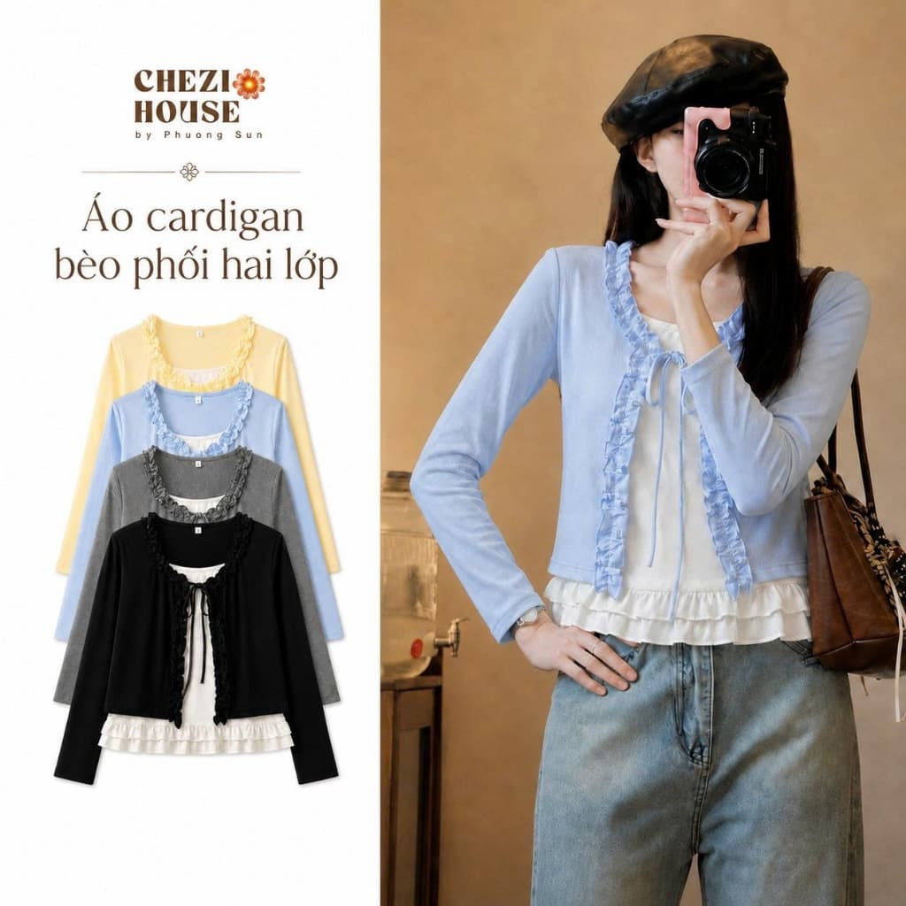 Áo Cardigan Nữ Bèo Phối Hai Lớp CHEZI HOUSE, Áo Kiểu Nữ Tay Dài Dáng Ngắn Phong Cách Hàn Quốc Freesize Dưới 58kg #HA533