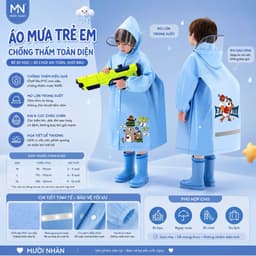 Áo mưa trẻ em 4-13 tuổi cao cấp có tấm chắn đeo được balo gọn gàng, có phản quang phía sau. 4