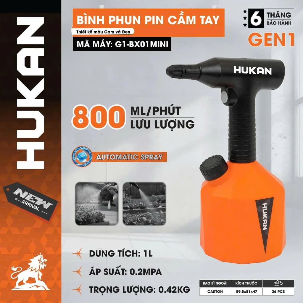 Bình phun pin cầm tay HUKAN G1-BX01MINI, Bình chứa 1000ml, Tưới cây - Phun Thuốc - Phun bọt rửa xe
