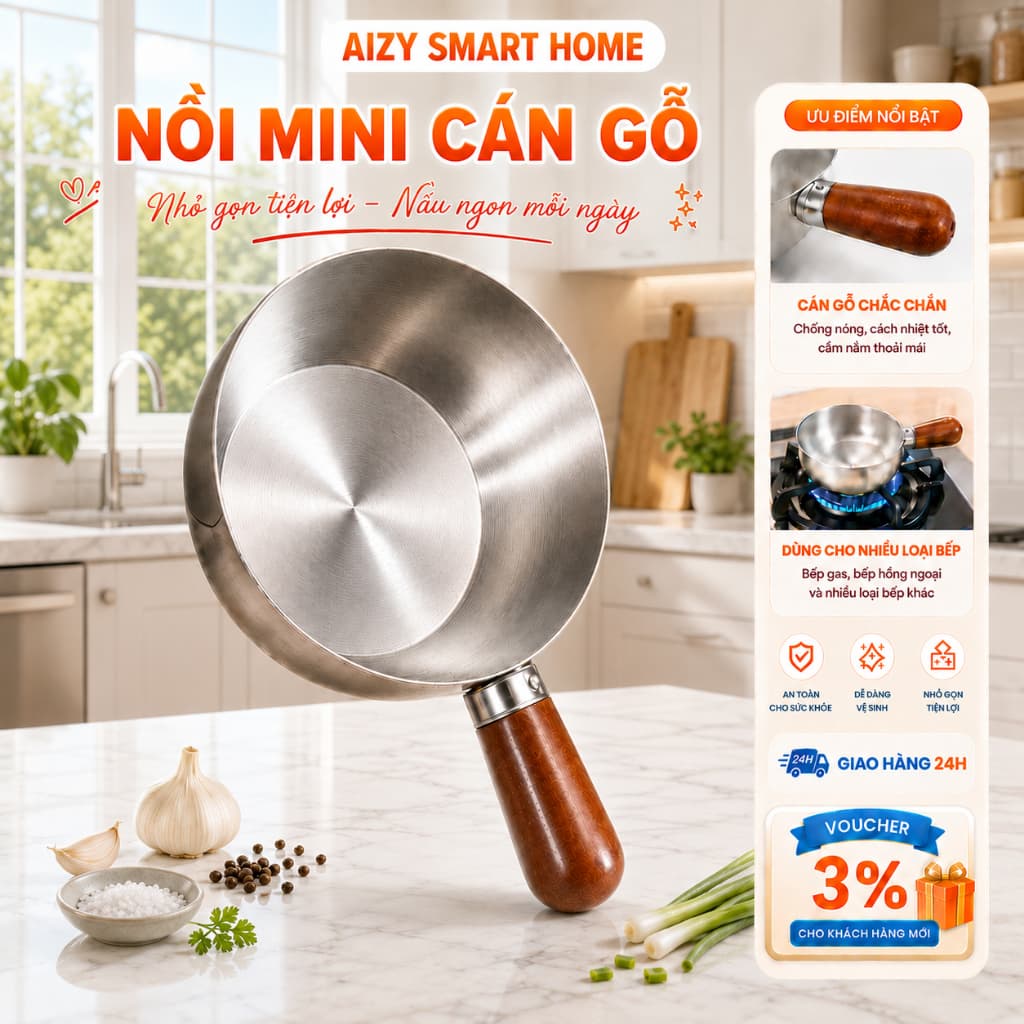 Nồi mini inox cán gỗ chống bỏng – Nấu mì, đun sữa, làm sốt – Dùng bếp gas & bếp từ