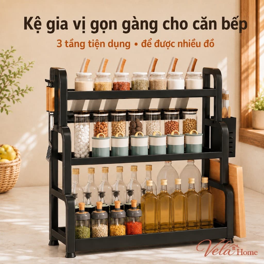 Kệ Gia Vị Nhà Bếp 3 Tầng Đa Năng, Kèm Giá Dao, Ống Đũa Muỗng Và Giá Để Thớt
