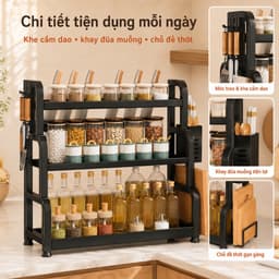 Kệ Gia Vị Nhà Bếp 3 Tầng Đa Năng, Kèm Giá Dao, Ống Đũa Muỗng Và Giá Để Thớt 3