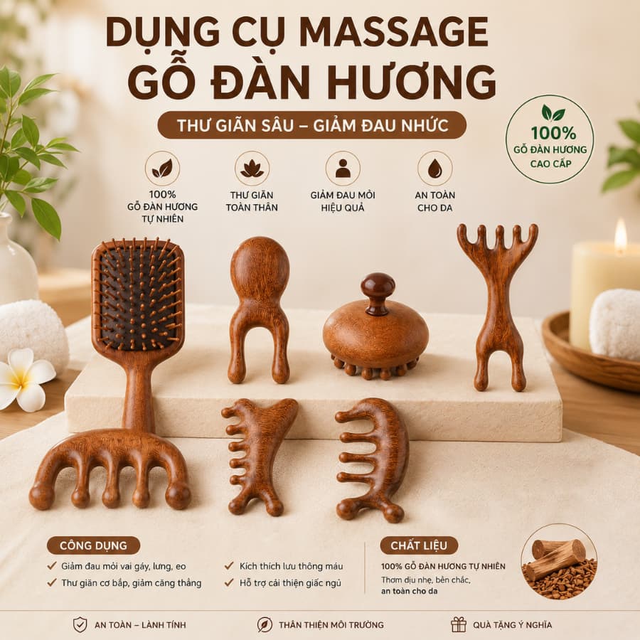 Lược Massage Đầu Gỗ Đàn Hương, Dụng Cụ Massage Cổ Vai Gáy, Mát Xa Toàn Thân Thư Giãn Lưu Thông Máu