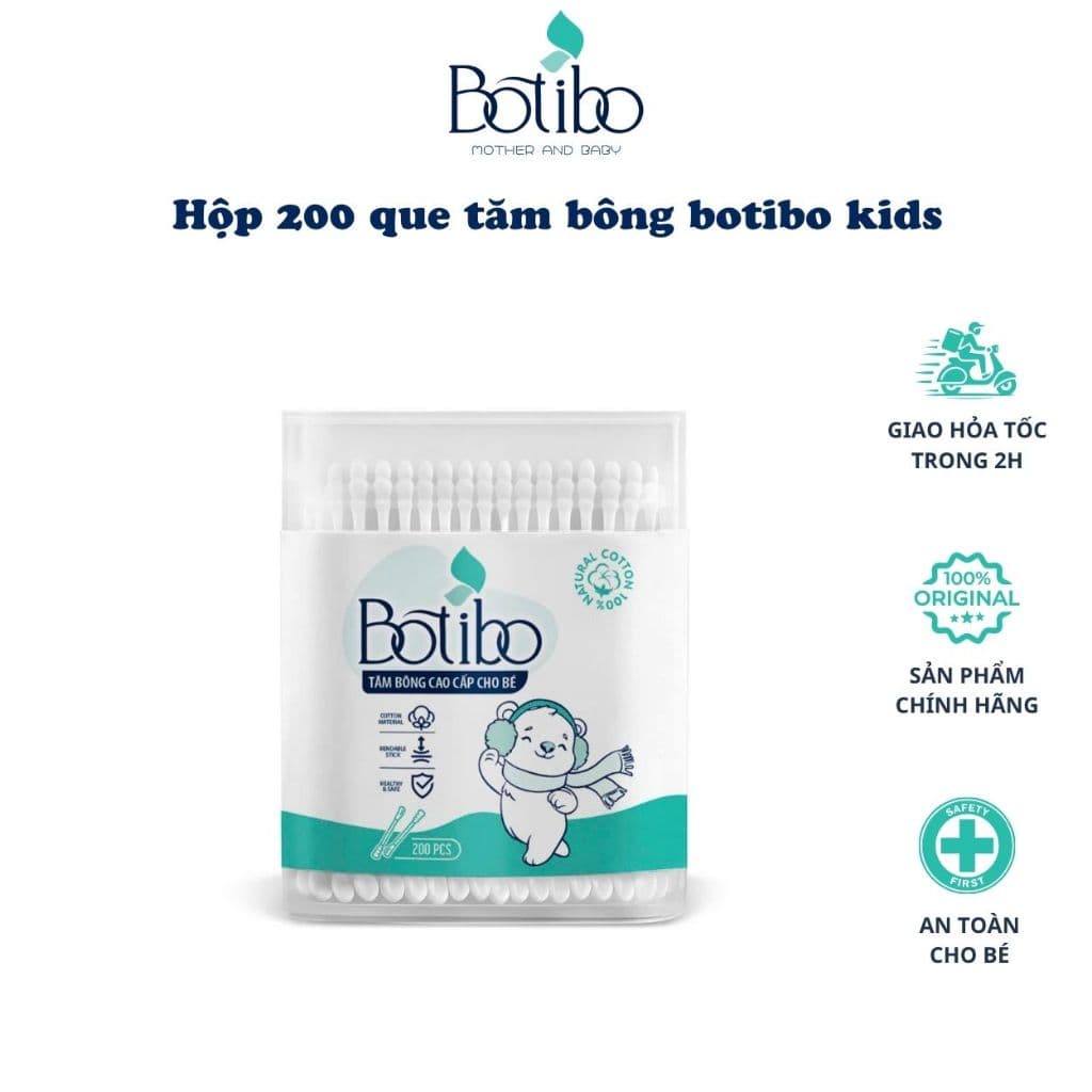 Tăm bông trẻ em Botibo kids,vcool kháng khuẩn ( hộp 200 que lõi giấy) cho bé sơ sinh ngoáy tai mũi Ecobe