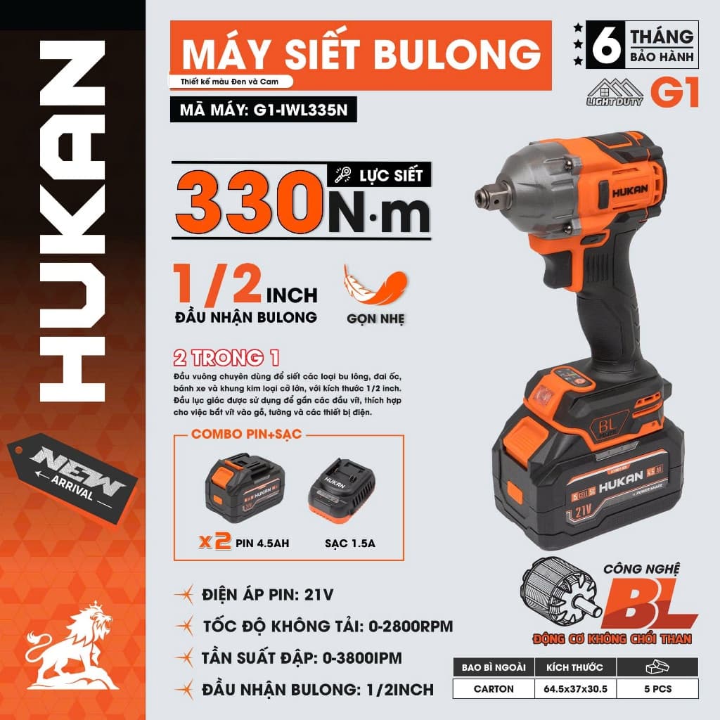 Máy Siết Mở Bulong Đa Năng HUKAN G1-IWL335N, Lực Siết 330Nm - Kèm 2 Pin 15cell Dung Lượng Cao