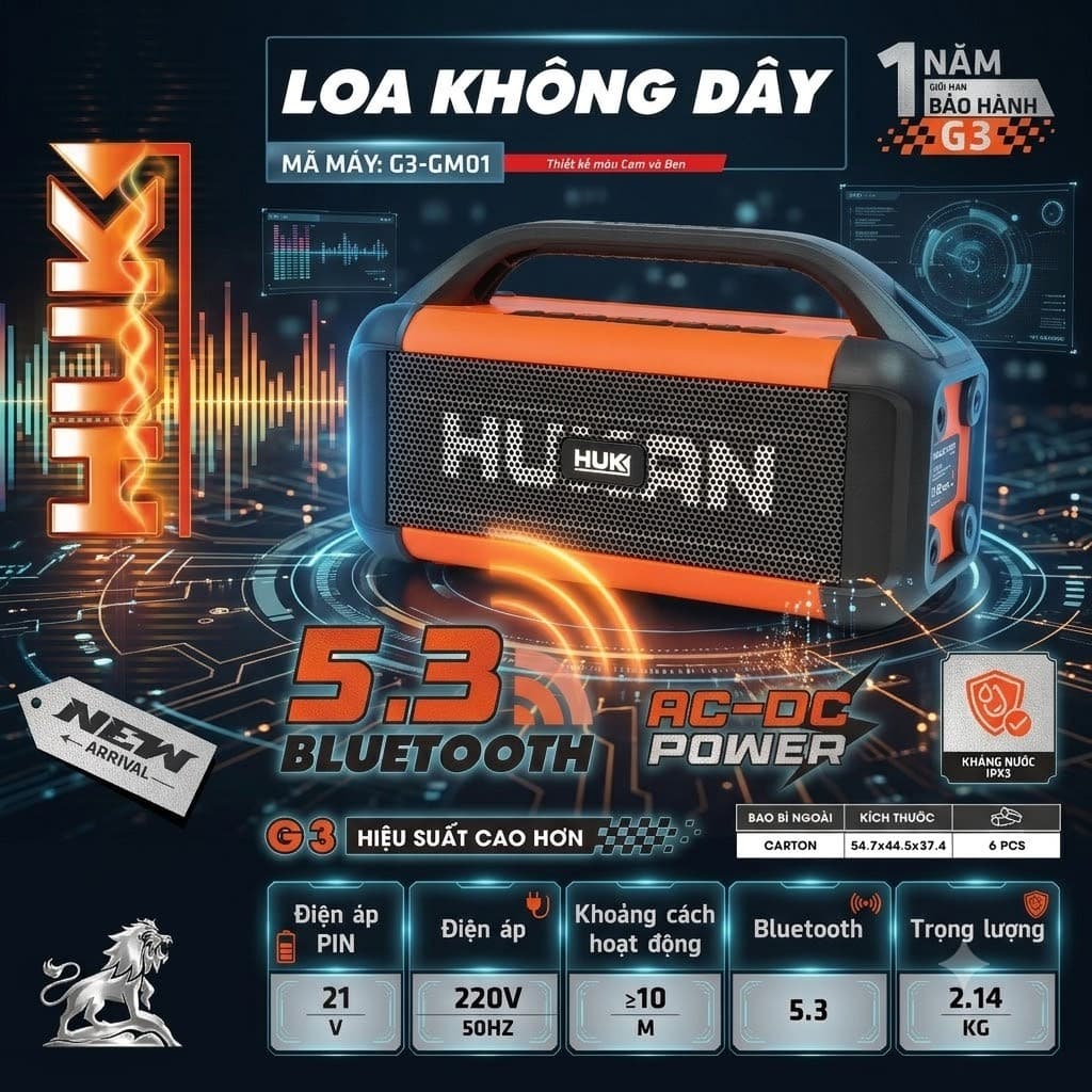 Thân Loa Bluetooth HUKAN G3-GM01 | Điện áp 21V| Loa Bluetooth Kháng Nước| Cổng USB Sạc Thiết Bị Jack 3.5mm BH 12 Tháng