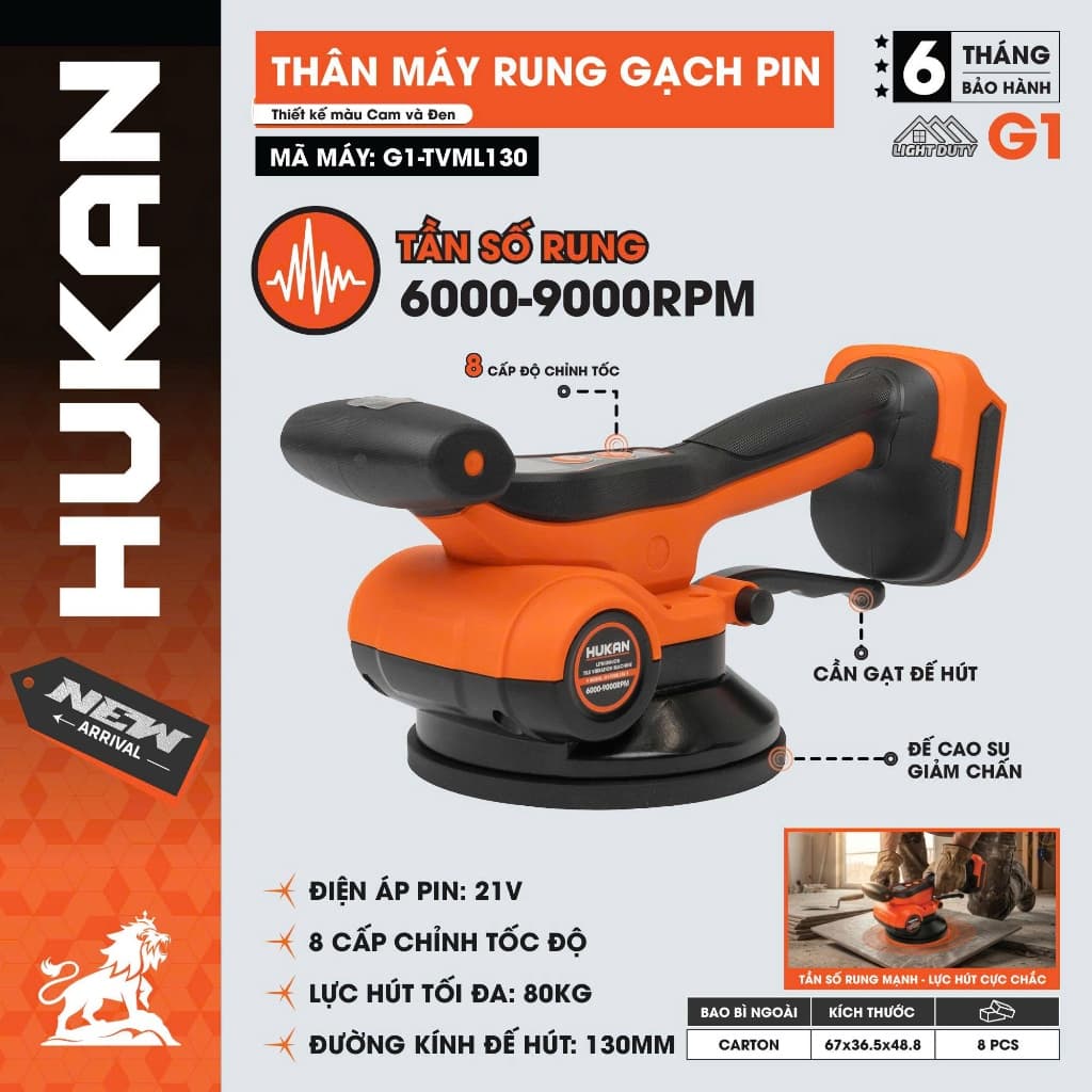 Máy Rung Gạch Hít Gạch HUKAN G1-TVML130, 8 Cấp Chỉnh Rung, Đường Kính Mặt Hít 130mm - Chân Phổ thông