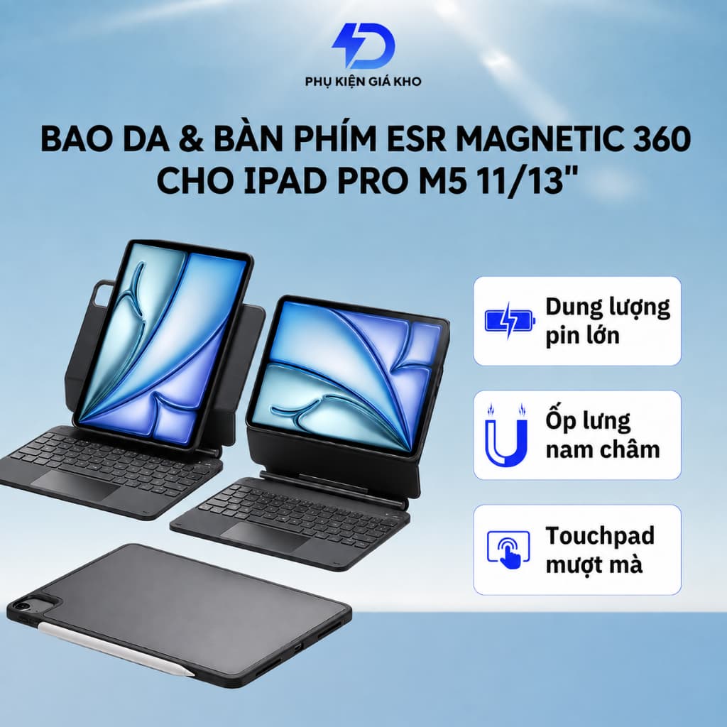 Bao da ESR kèm bàn phím Magnetic Rebound 360 Bảo vệ toàn diện 3 góc cho iPad Pro 11" 13" (2024/2025/2026) Pin 180h