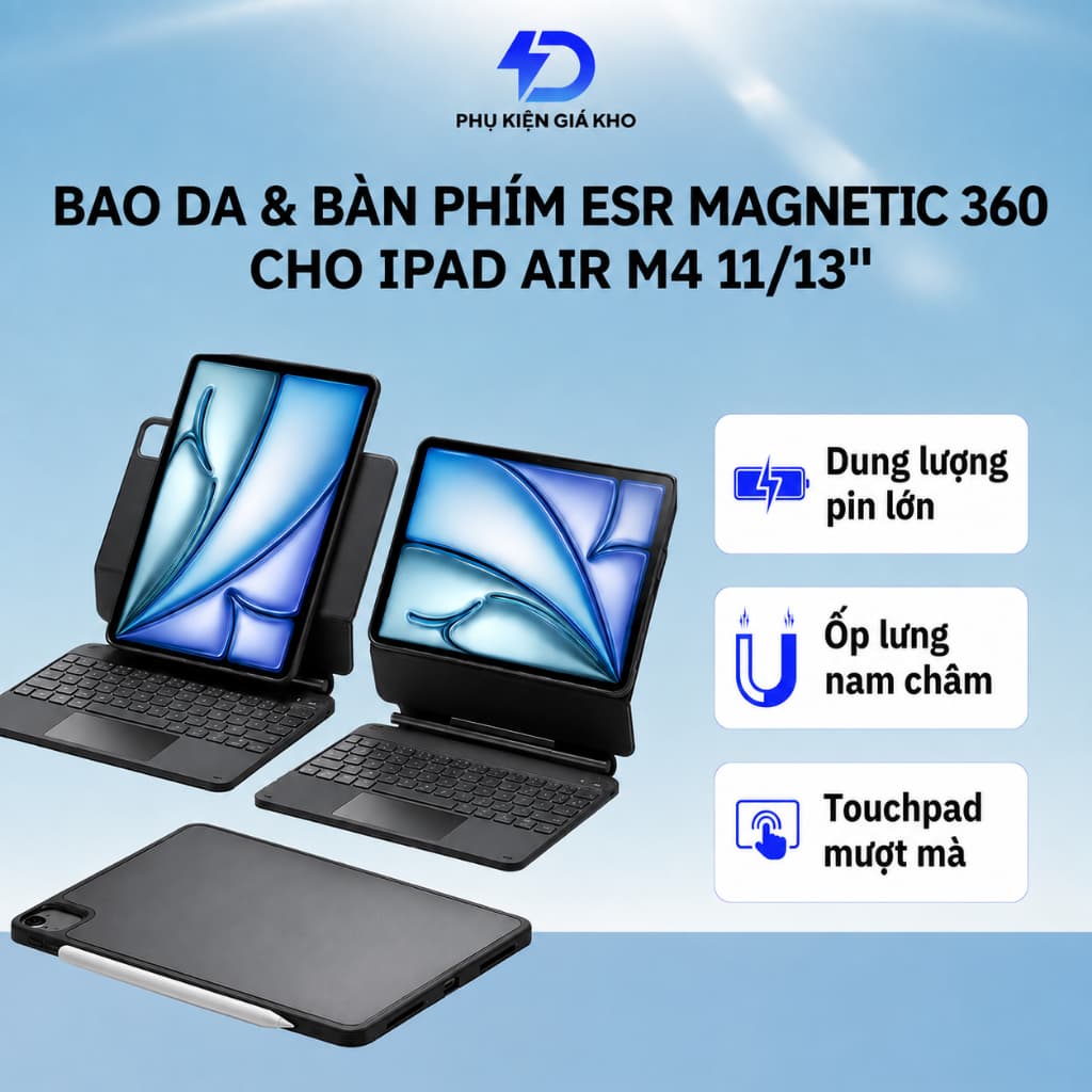 Bao da ESR kèm bàn phím Magnetic Rebound 360 Bảo vệ toàn diện 3 góc cho iPad Air 11" 13" (2024/2025/2026) Pin 180h