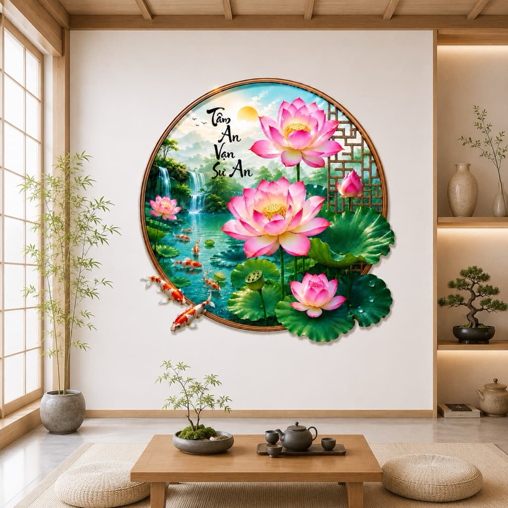 Decal dán tường hoa sen tròn (kích thước 70cm) có sẵn keo dán. Decal trang trí nhà của