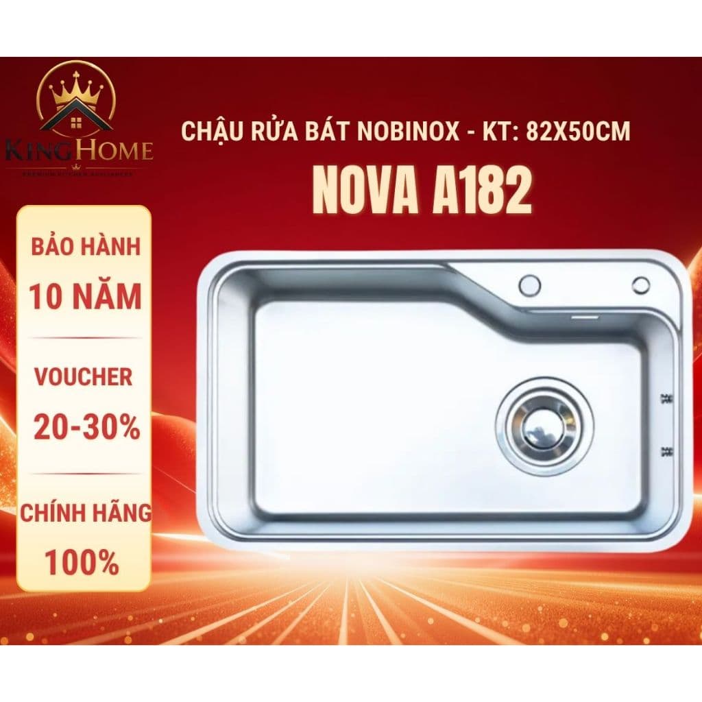 Chậu rửa bát 1 hố Nobinox NOVA  A182 inox 304 vân siêu mịn chống xước 82*50cm - Tặng kèm phụ kiện