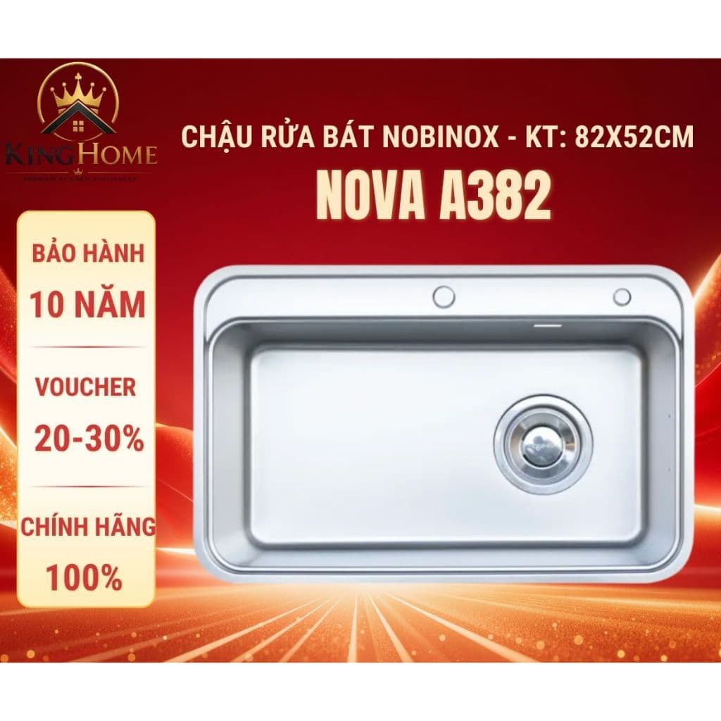 Chậu rửa bát 1 hố Nobinox NOVA  A382 inox 304 vân siêu mịn chống xước 82*52cm - Tặng kèm phụ kiện