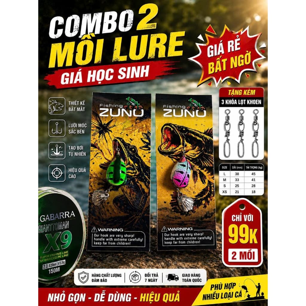 Combo 2 Mồi Lure Lưỡi Titan Tặng 3 Khóa Lọt Khoen – Mồi Câu Cá Săn Mồi Hiệu Quả