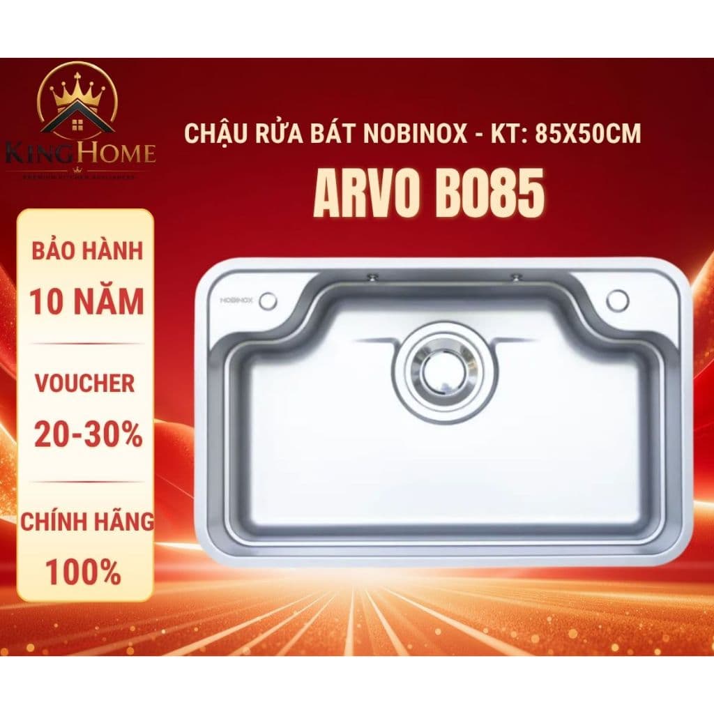 Chậu rửa bát 1 hố Nobinox ARVO B085 inox 304 vân siêu mịn chống xước 85x50cm - Tặng kèm phụ kiện