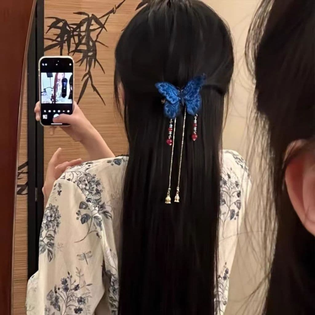 Kẹp Tóc Hồ Điệp Xanh Cổ Trang Phối Tua Rua Dài | Trâm Cài Tóc Hán Phục, Việt Phục, Cosplay, Chụp Ảnh