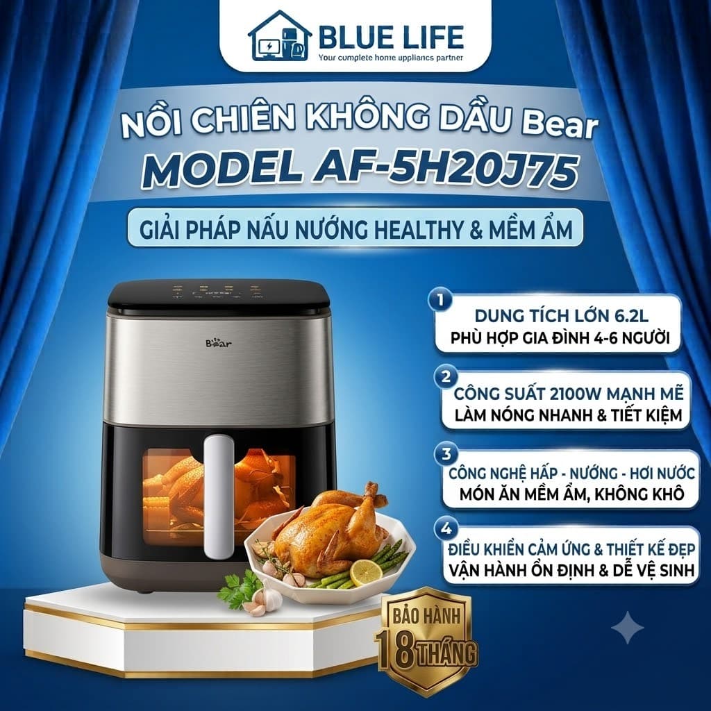 Nồi Chiên Không Dầu Bear AF-5H20J75, 6Lit - 2100w, 8 Chế Độ Nấu - Điều Khiển Cảm Ứng, Hàng Chính Hãng
