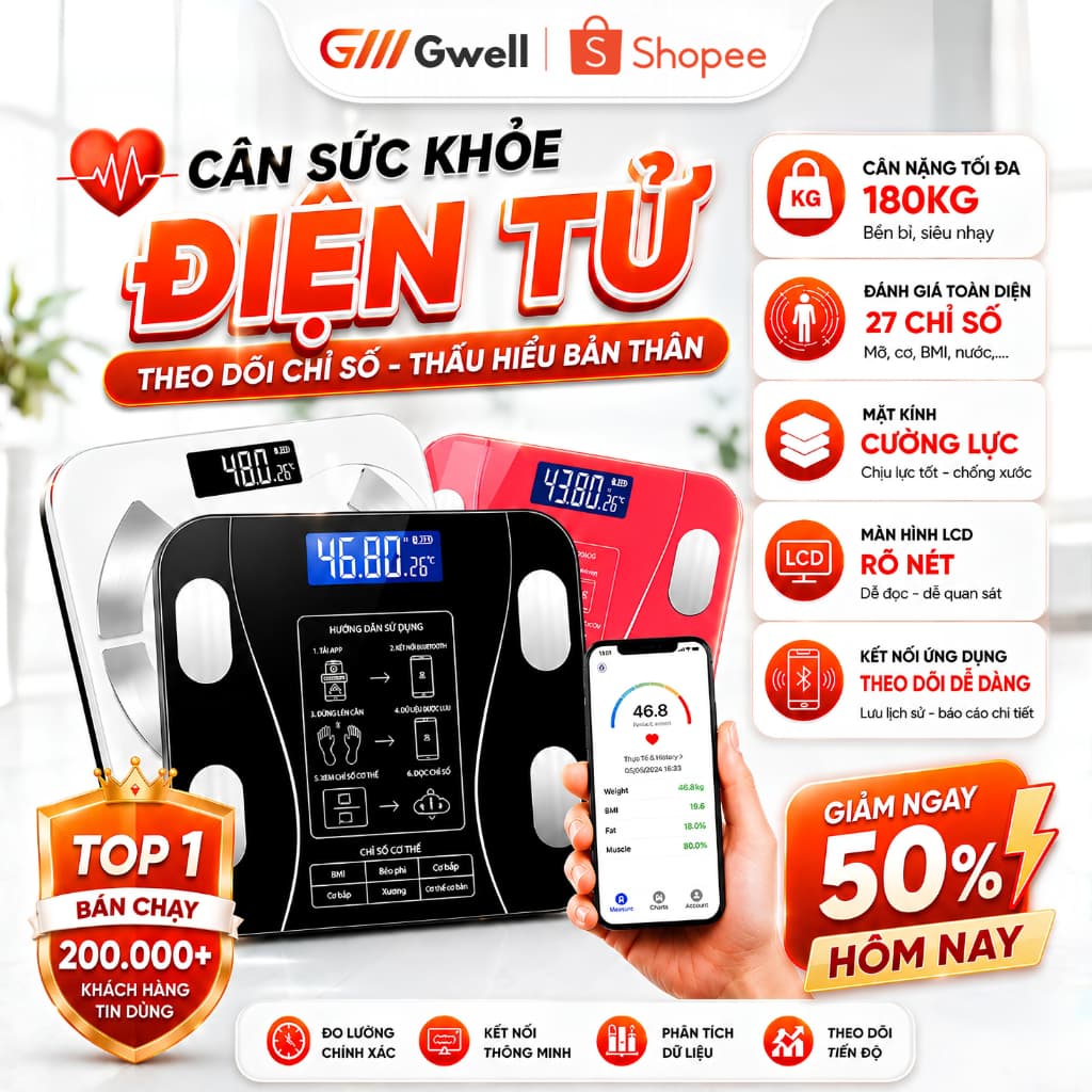 Cân Điện Tử Sức Khỏe Sạc USB Kết Nối Bluetooth Phân Tích Chỉ Số Cơ Thể Trọng Lượng Tối Đa 180kg