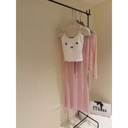 Sét áo thun 2 dây kèm áo khoác hồng mỏng+ quần loe kẻ dài 2