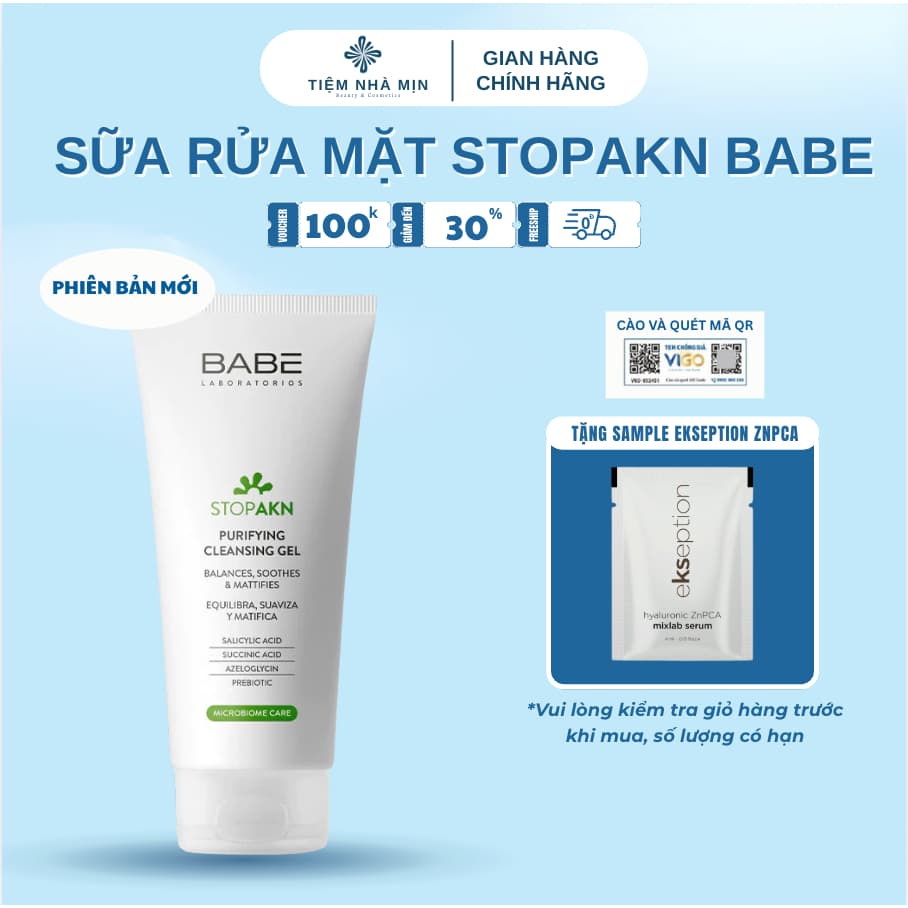 Sữa Rửa Mặt BABE Stop Akn Purifying Cleansing Gel Giúp Kiểm Soát Dầu, Giảm Mụn 200ml