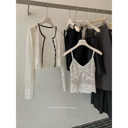 (Dmina 𝐲𝐣𝐢𝐚) Set Váy Nữ Tiểu Thư áo 2 Dây Ren Cùng cardigan ngoài phối viền Và Chân Váy Ren Lỡ 4