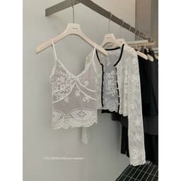 (Dmina 𝐲𝐣𝐢𝐚) Set Váy Nữ Tiểu Thư áo 2 Dây Ren Cùng cardigan ngoài phối viền Và Chân Váy Ren Lỡ 6