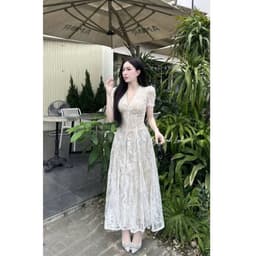 VÁY REN KEM XOÈ CỔ V ( lót vải nâu) xukadress 4