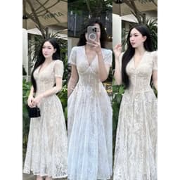 VÁY REN KEM XOÈ CỔ V ( lót vải nâu) xukadress 1