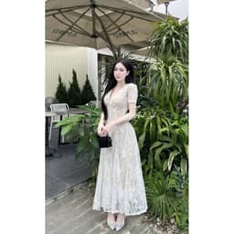 VÁY REN KEM XOÈ CỔ V ( lót vải nâu) xukadress 3